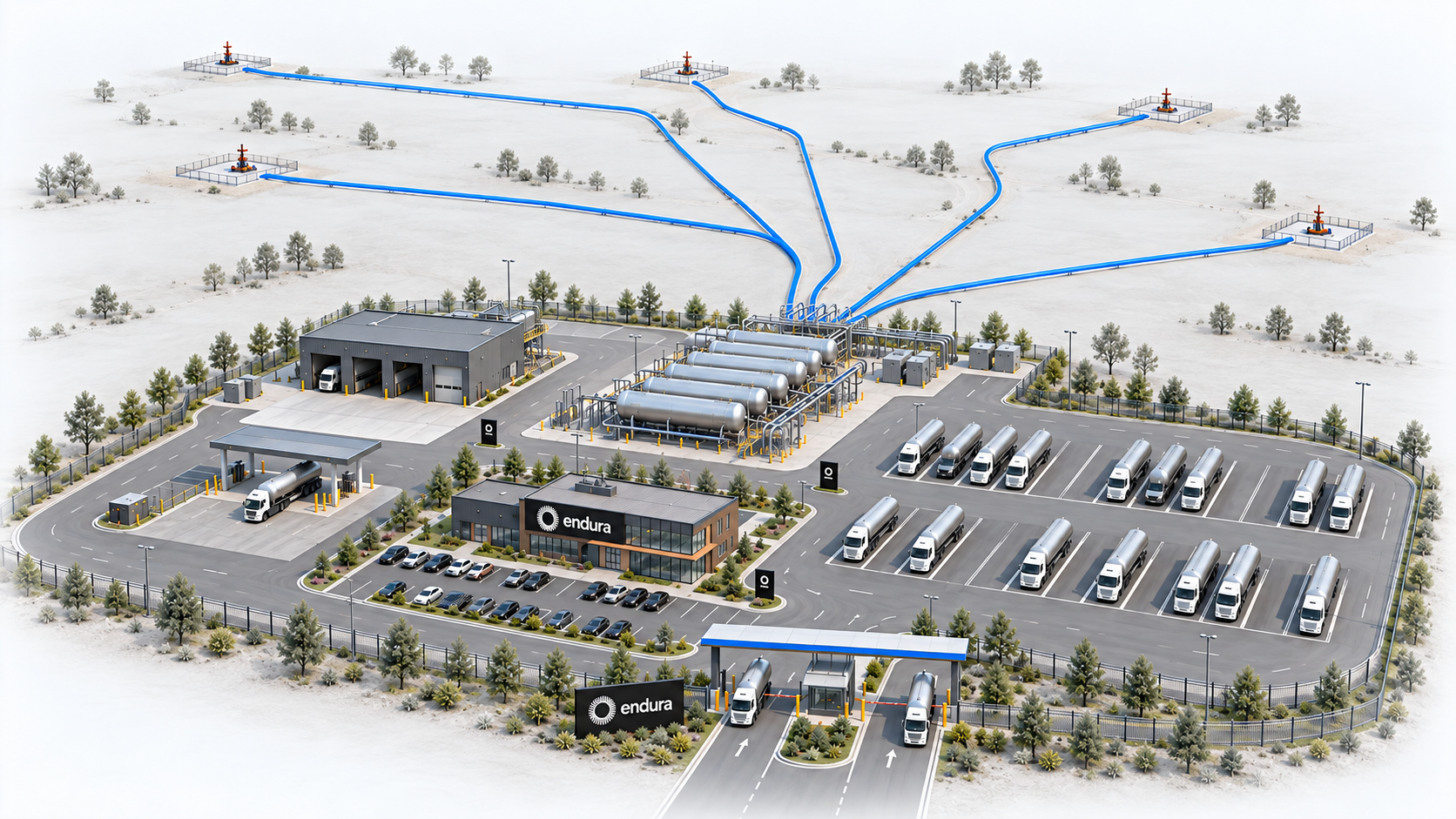 Central CO₂ hub connected by pipelines to five injection wells.